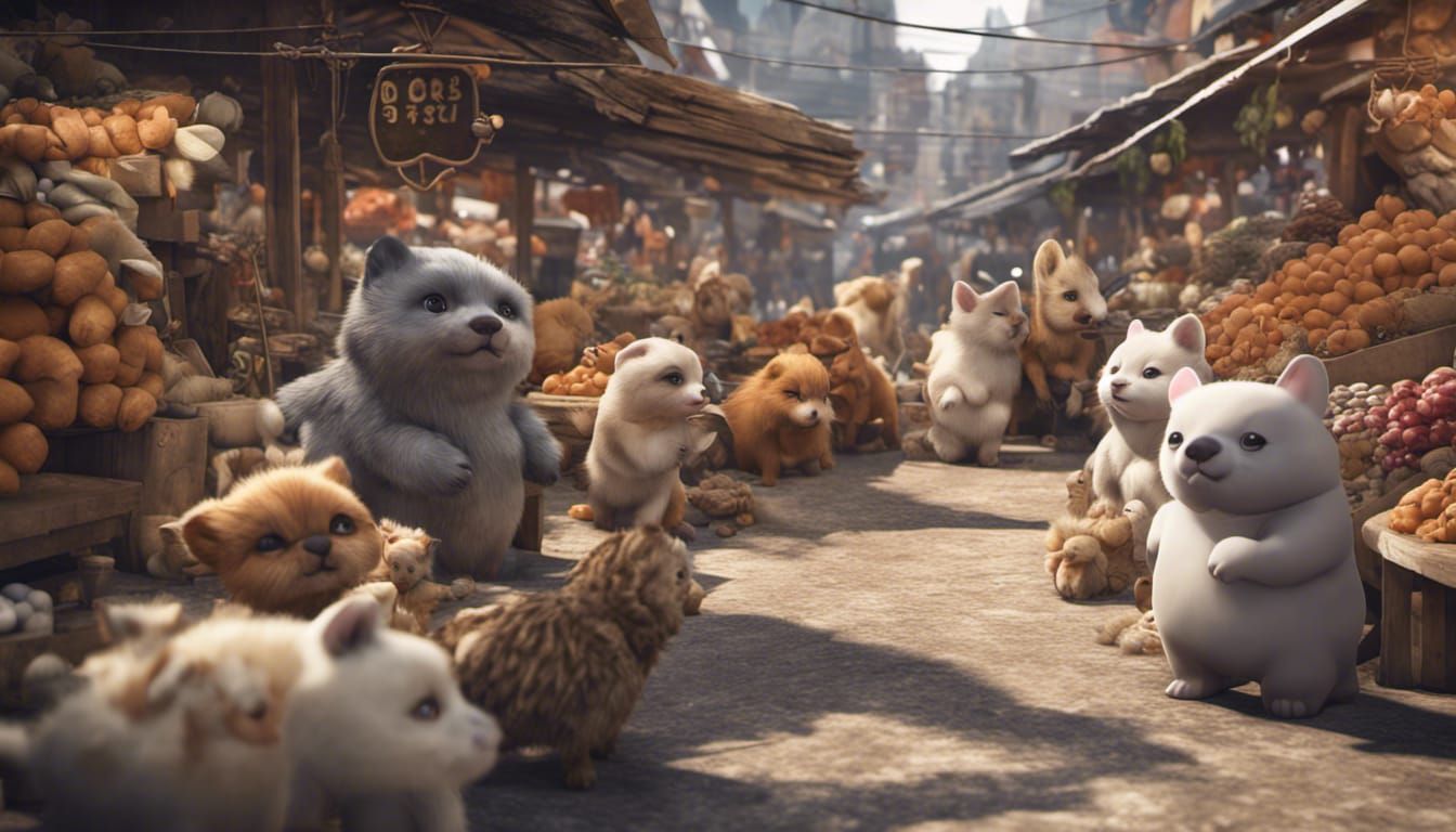 A busy open market, intelligent animals are the vendors, chi...