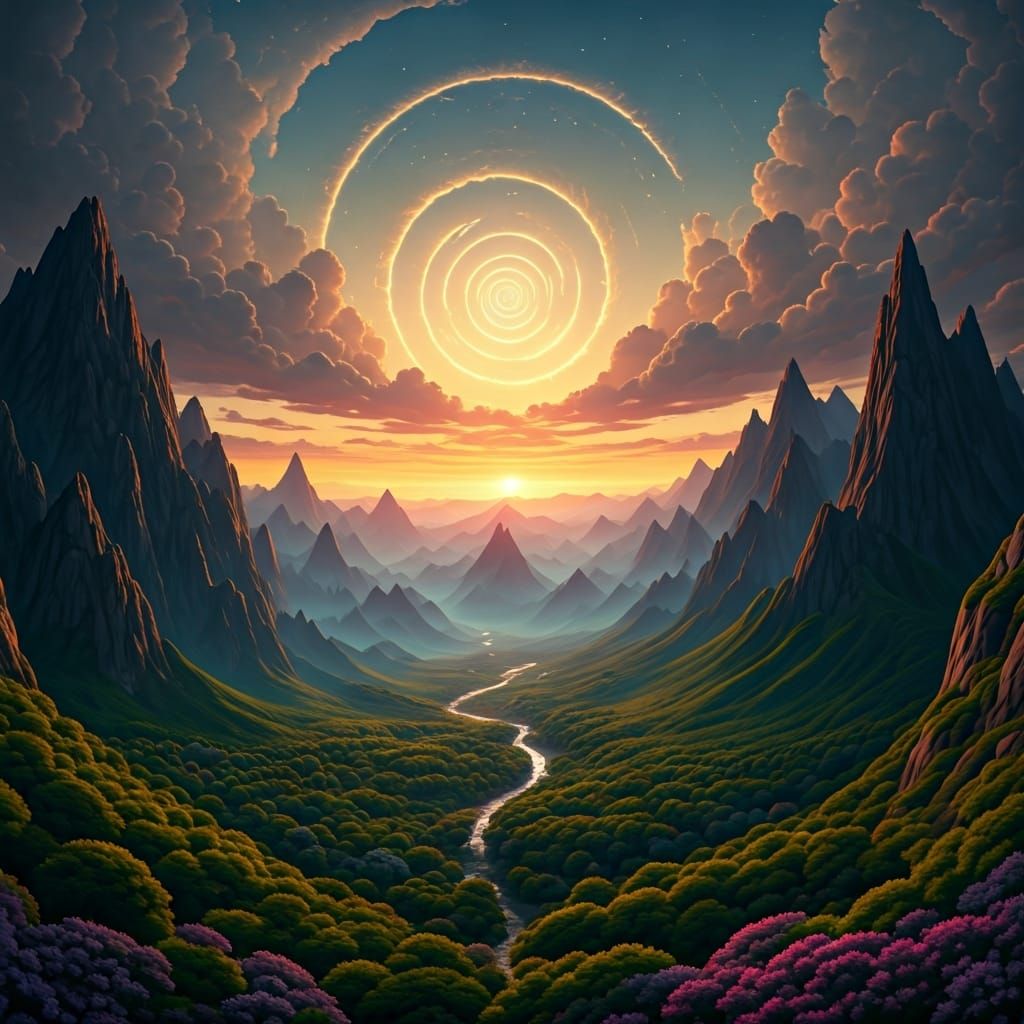 Fantastic Landscape with Sunset and Double Rainbow