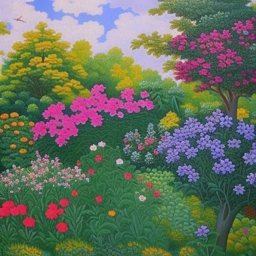 depicts a majestic garden in bright colors. The paintings sh...