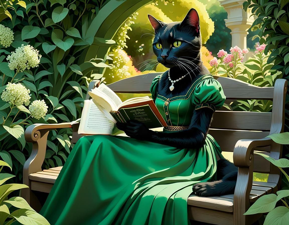"anthro black cat dressed with a green dress reading book in...