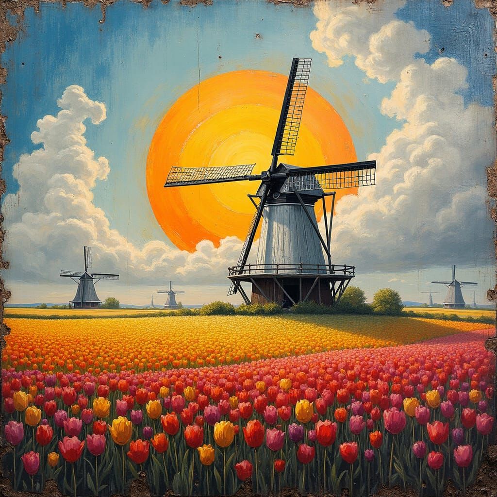 Dutch Windmill in Flower Field Painting