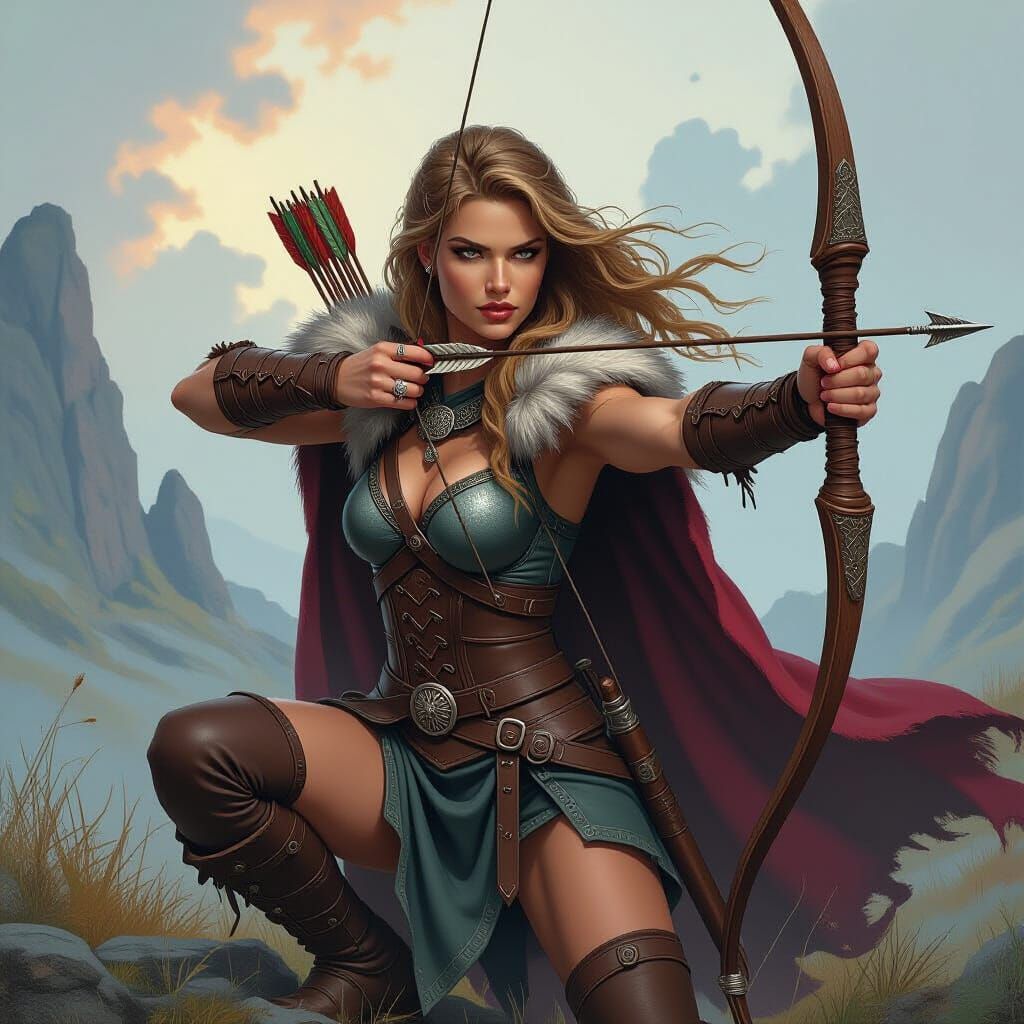 Viking Woman Warrior with Bow in Fantasy Art Style