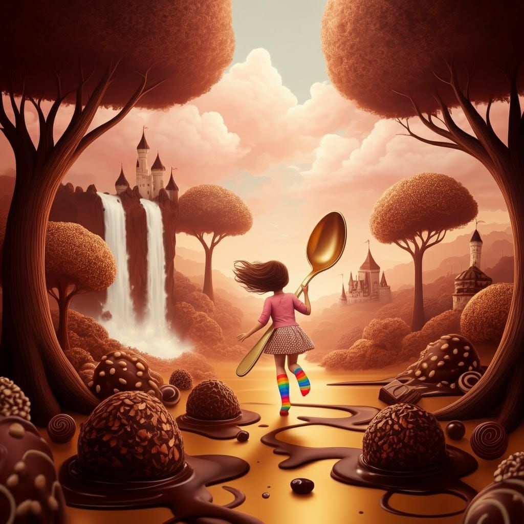 Girl in Chocolate Forest, Whimsical Digital Art
