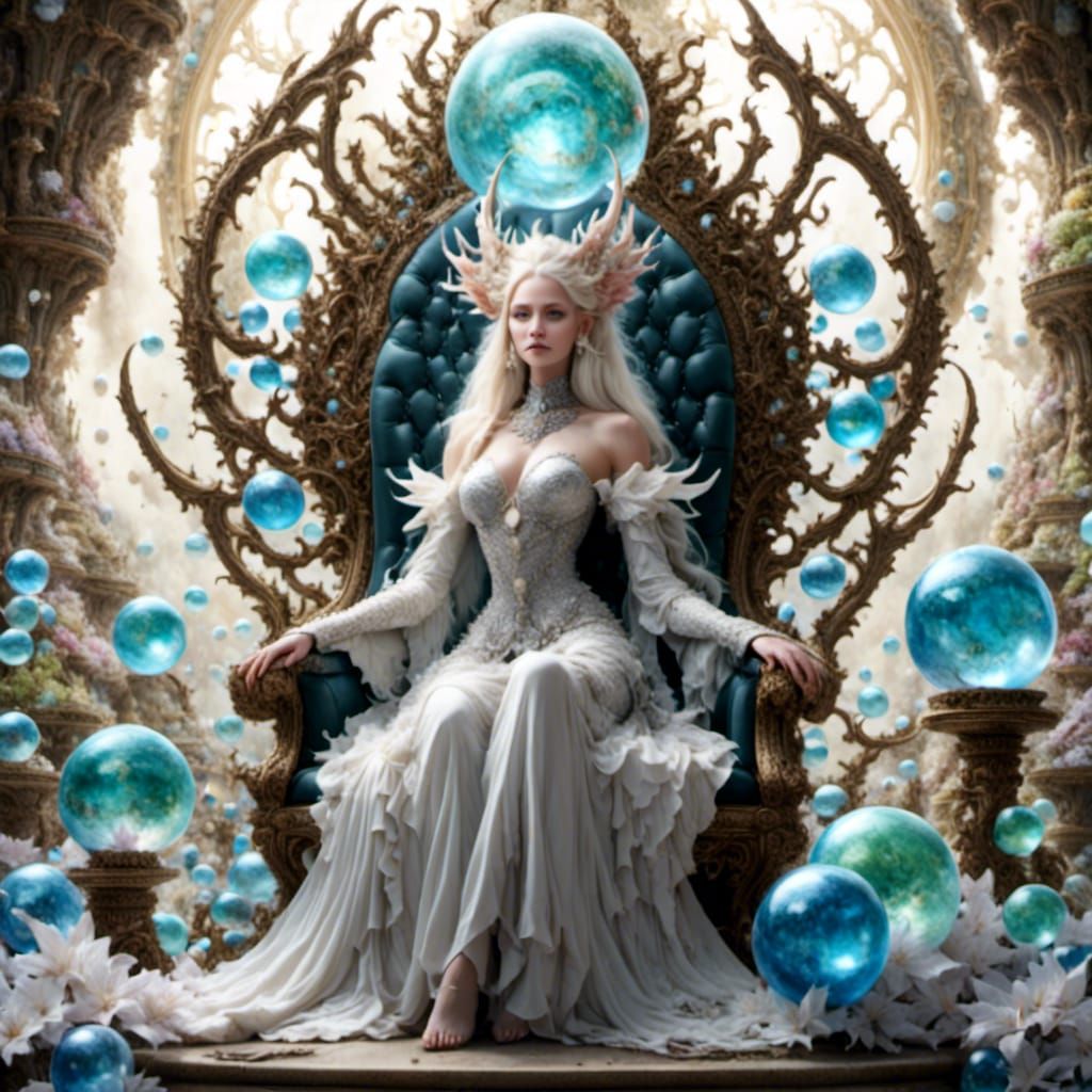 goblin queen on throne glowing spheres around her surreal at...