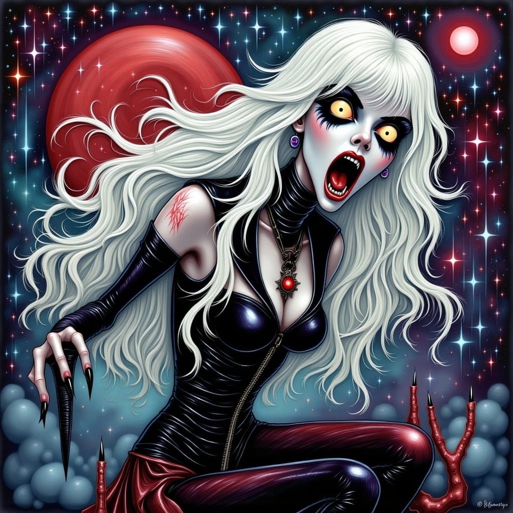 confront the vampire. Acrylic paint and pen and ink, mixed with sparkles and magical storybook style by Louise Pigott Savage space vampire w...