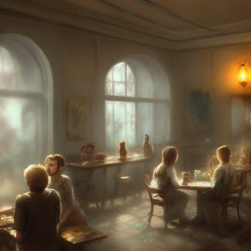 Hyperdetailed group of cats in abandoned cafe