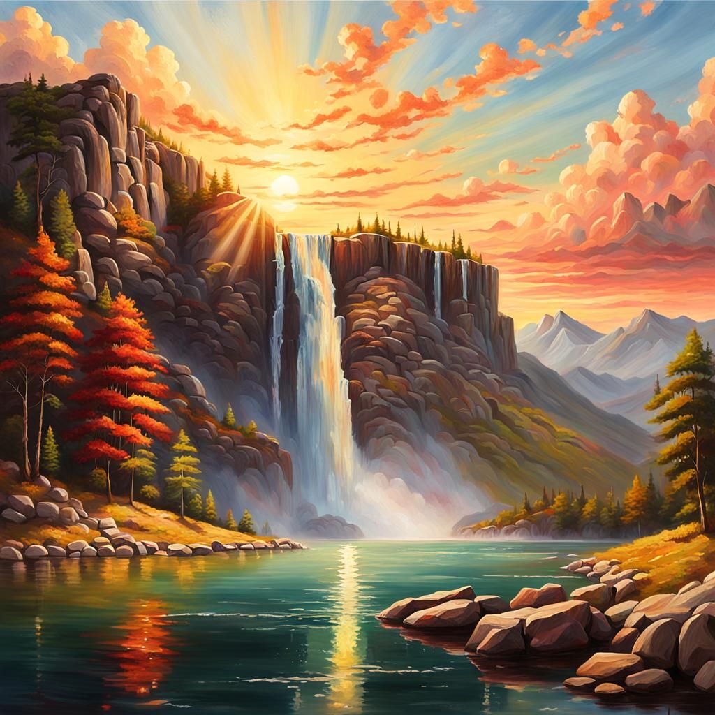 An oil painting depicting a mountainous landscape with a lak...