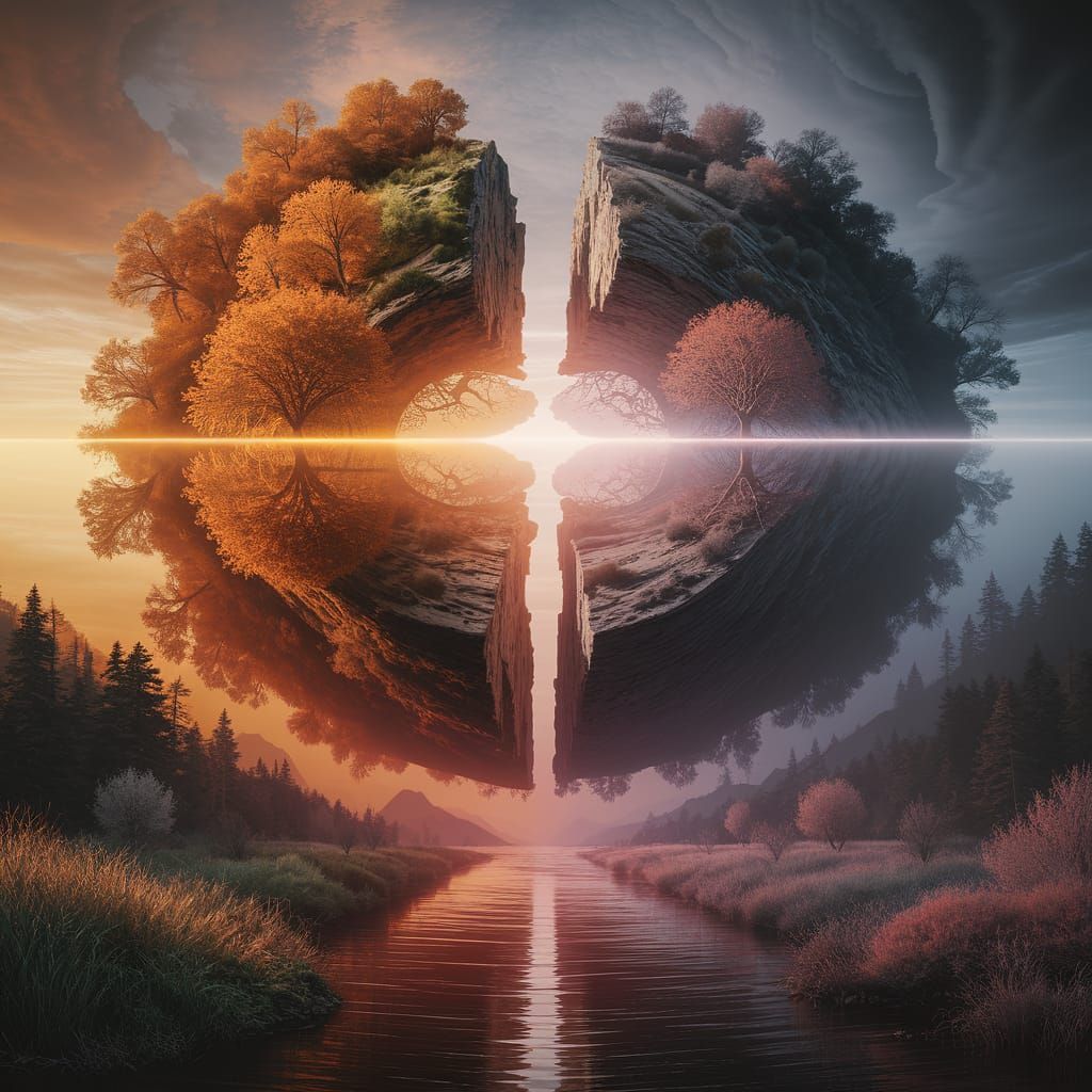 Combine two contrasting ideas into one creation. Render the world as a yin-yang of existence itself: day and night, life and stillness, crea...