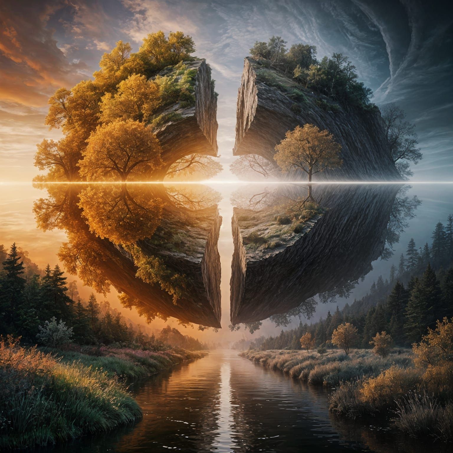 Combine two contrasting ideas into one creation. Render the world as a yin-yang of existence itself: ...  by @Zacharo