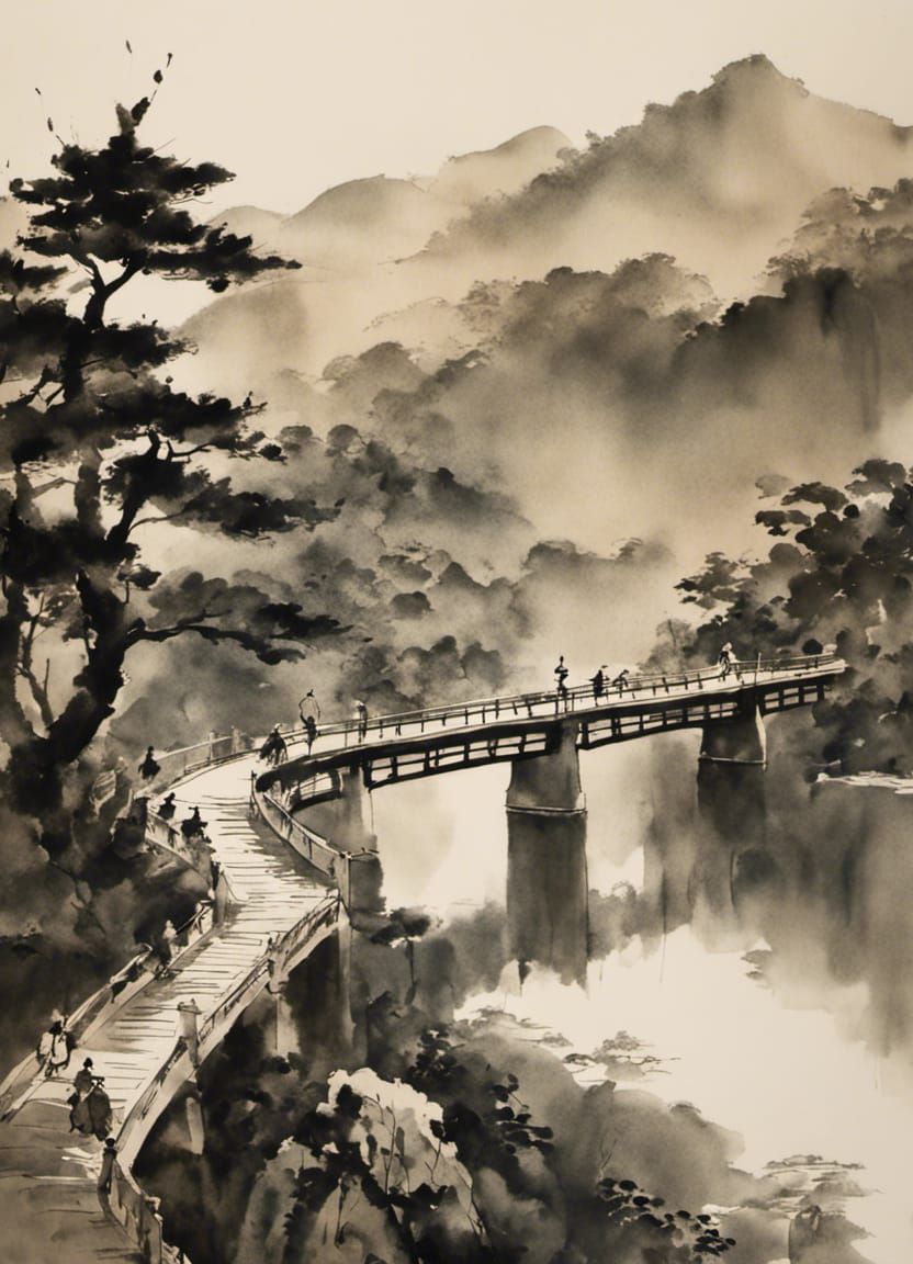 bridge, ink on rice paper  by @Harmanna
