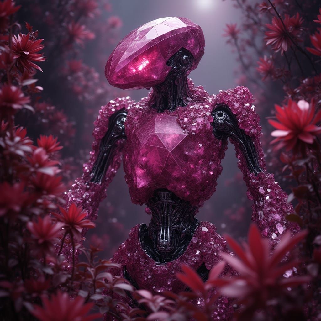 A robot made of shimmering glowing Winza Rubies in the jungle. <lora:Archetypal Images:1.0> <lora:Winza Rubies:1.0> Extraordinary intricate ...