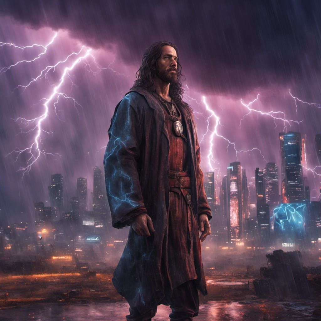 Jesus in Cyberpunk outfit with massive Thunderstorm behind him - AI