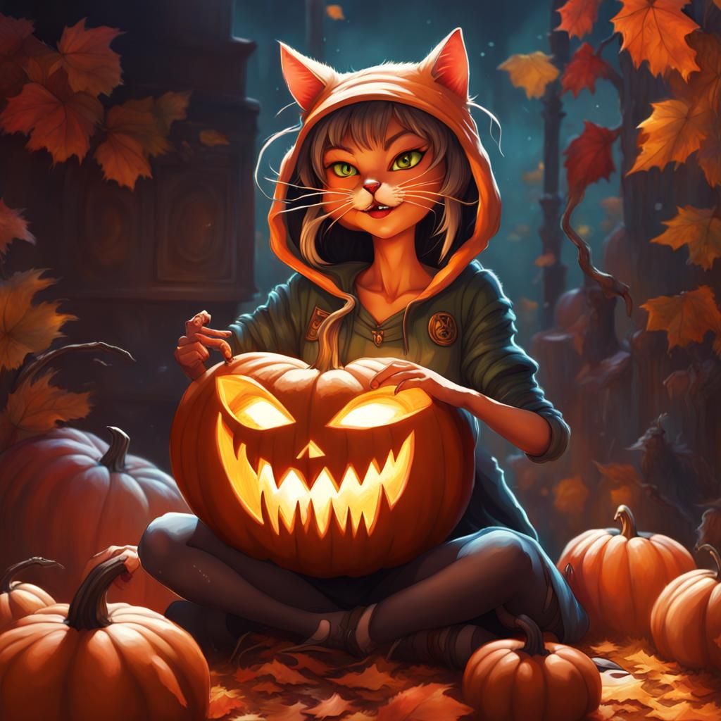 Furry Anthropomorphic  Catgirl, carving a punpkin with exten...