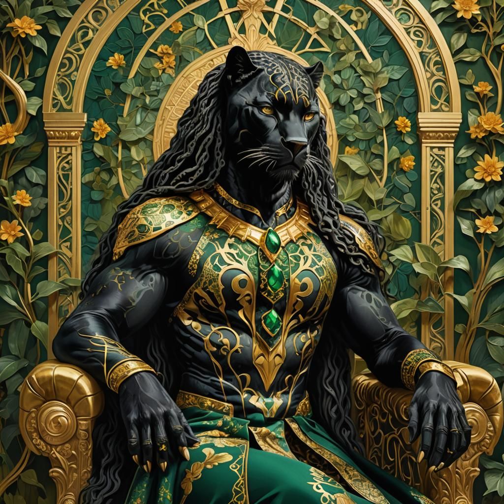 "A majestic and voluptuous Black Panther seated on a golden ...