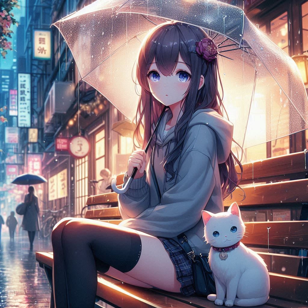 Anime girl sitting on a bench in the rain with a cat