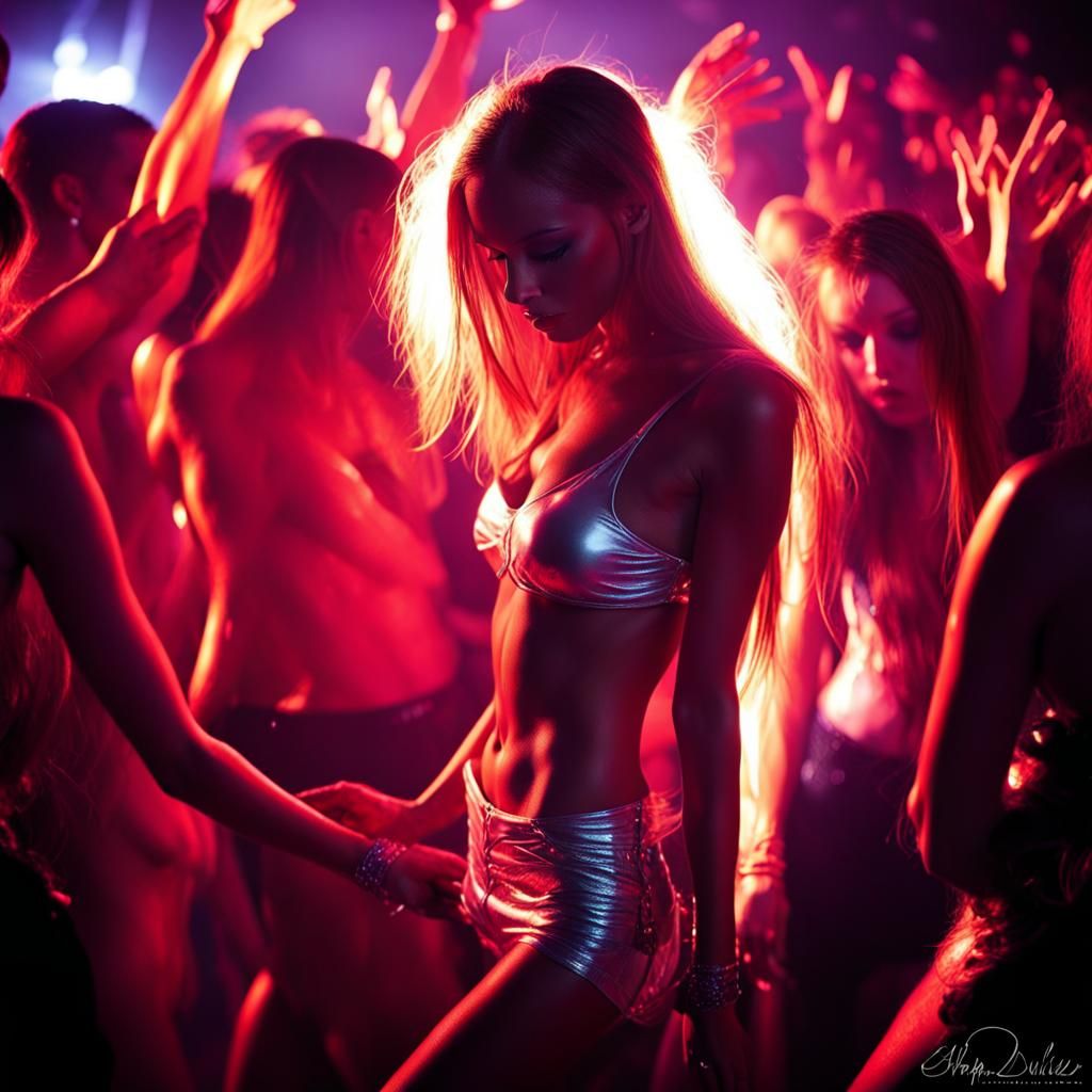 Extremely darkness, burning dancefloor, dancing crowd, go-go...