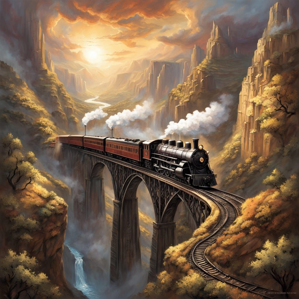 A highly detailed, ultra-cinematic fantasy painting of a colossal steam train racing through a vast mountain range at golden hour. The train...
