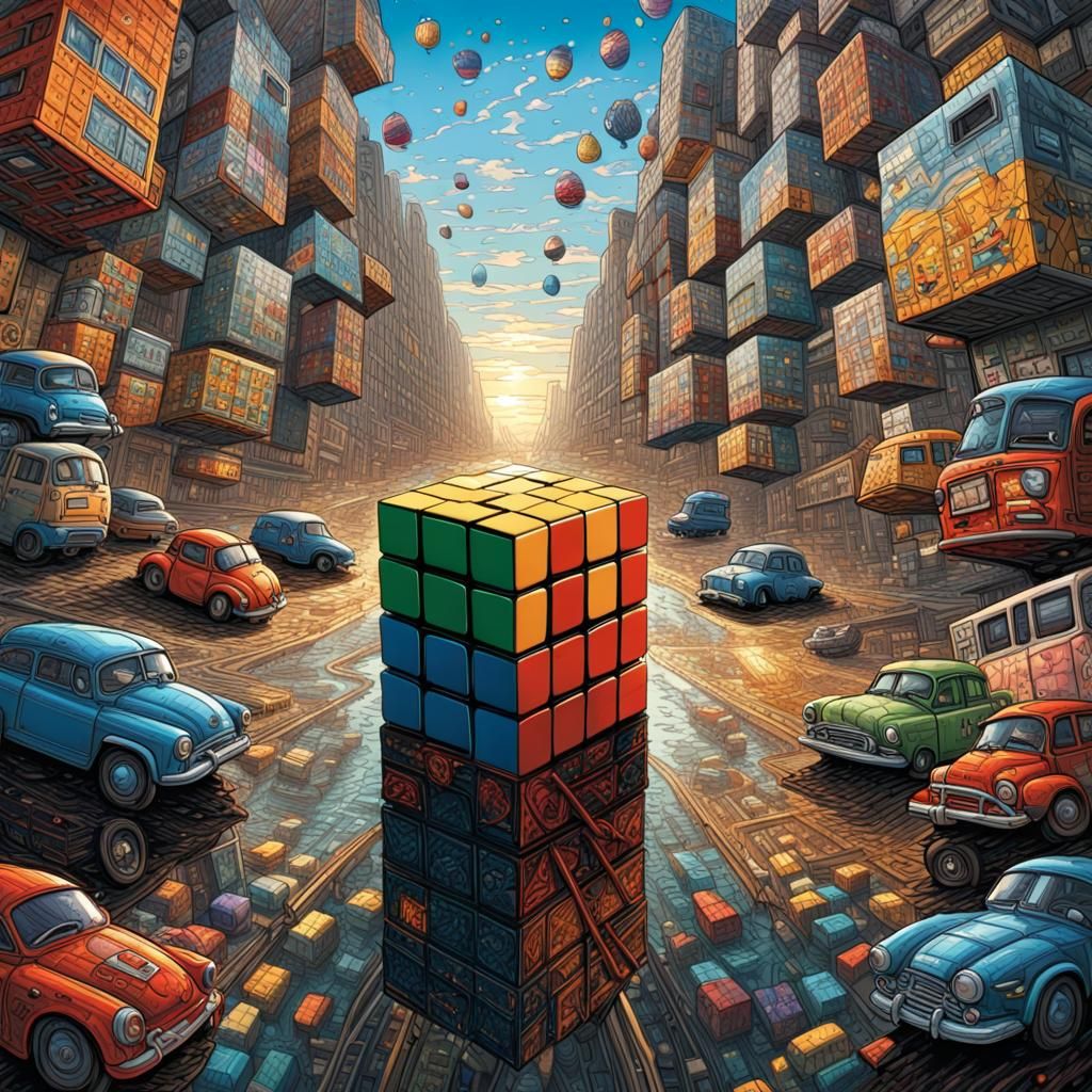 densely detailed rubiks cube world with cars and roads, each...