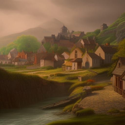"Realistic painting of an old  Irish village"
