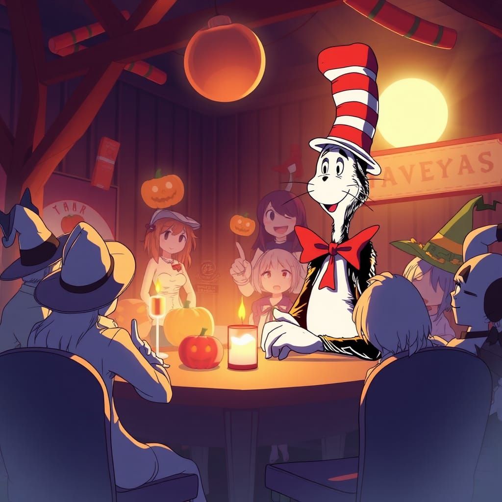 The Cat in the Hat at a Halloween party. by artist "anime", Anime Key