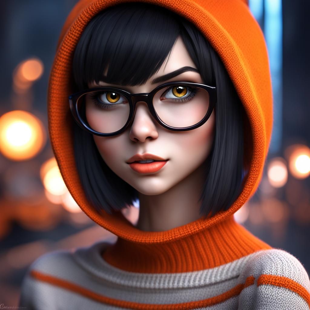 anime goth girl, velma from scooby-doo, a girl wearing eye glasses and an  orange top, gorgeous figure, interesting shapes, hyper realistic,... - AI  Generated Artwork - NightCafe Creator