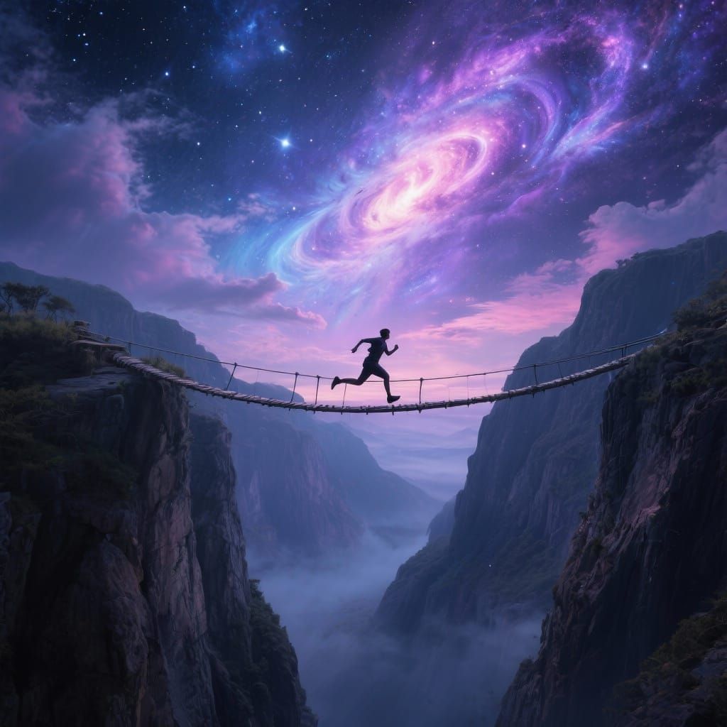 Cosmic Galaxy Runner on Suspended Bridge