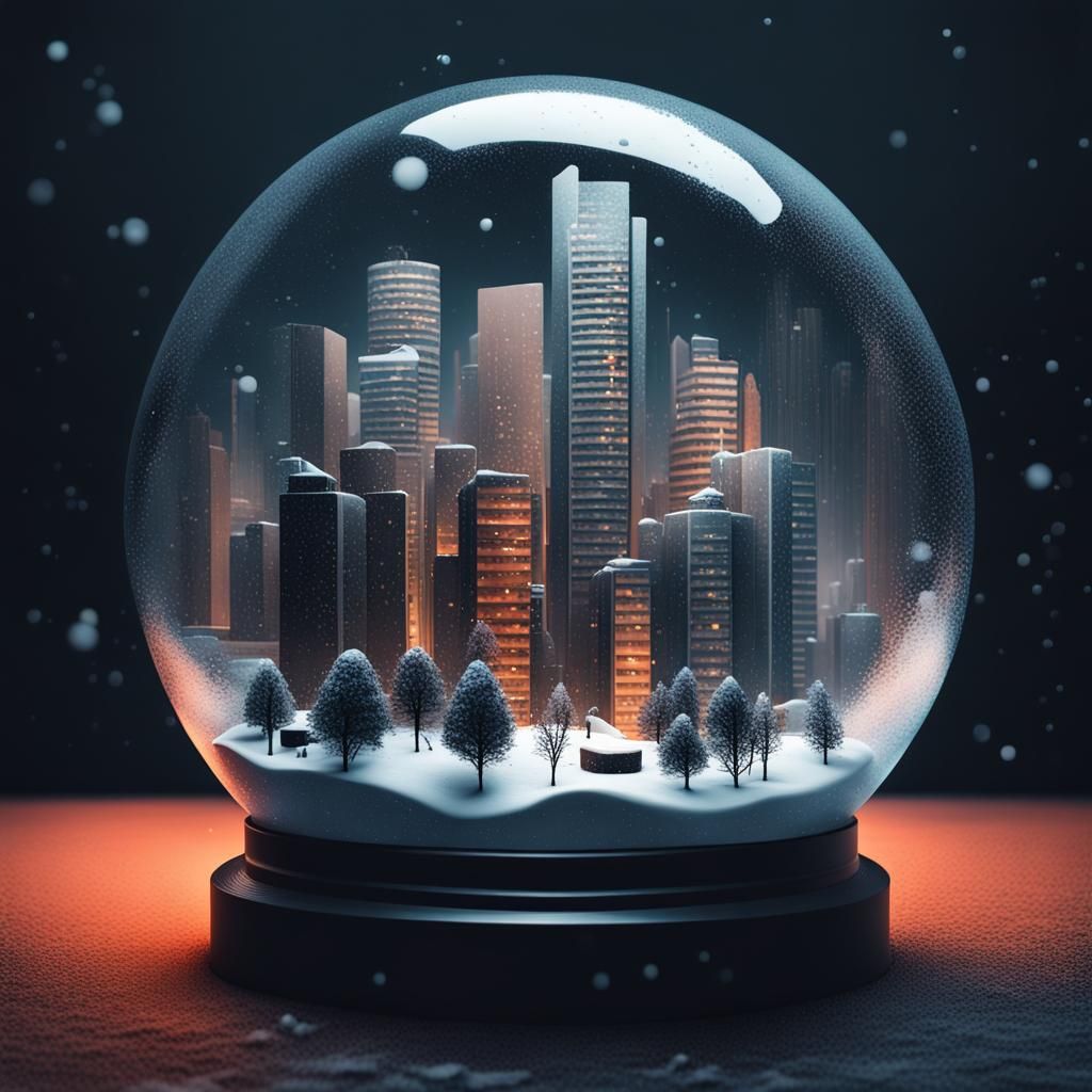 A eco brutalist city in a snow globe the background is dark 