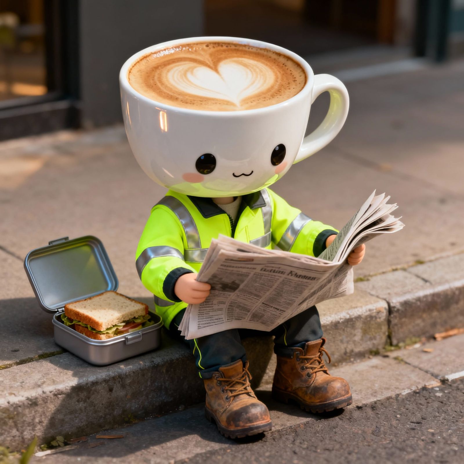 Whimsical Character With Photorealistic Coffee Cup Head
