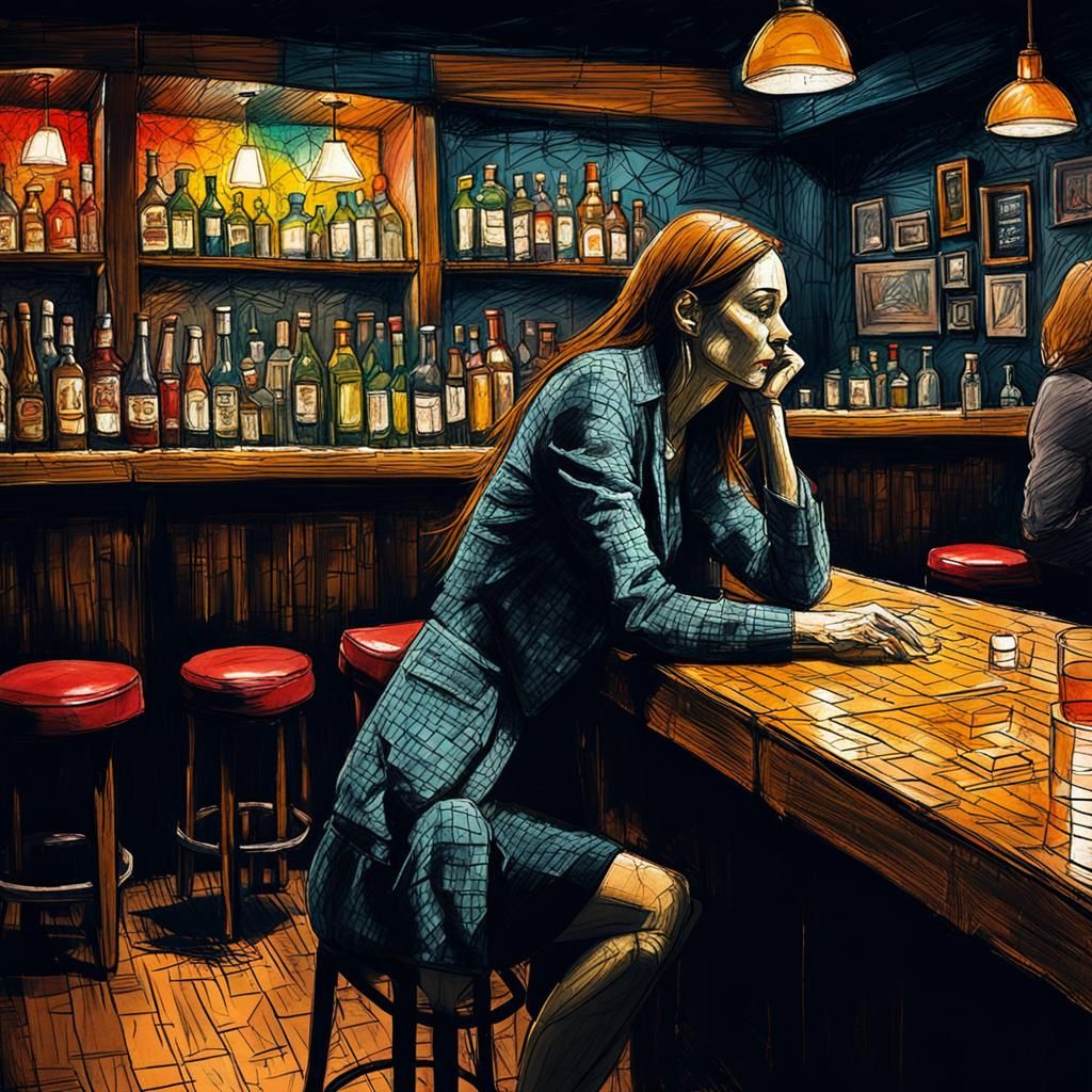 Lonely Woman in Dim Bar: Ashcan School Mixed Media
