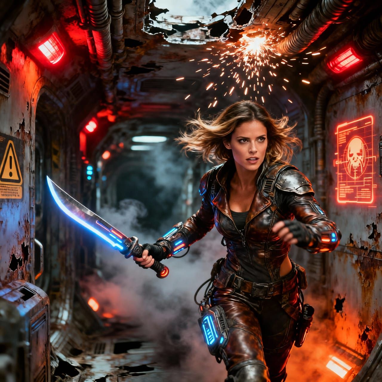 A female space pirate in a damaged spaceship