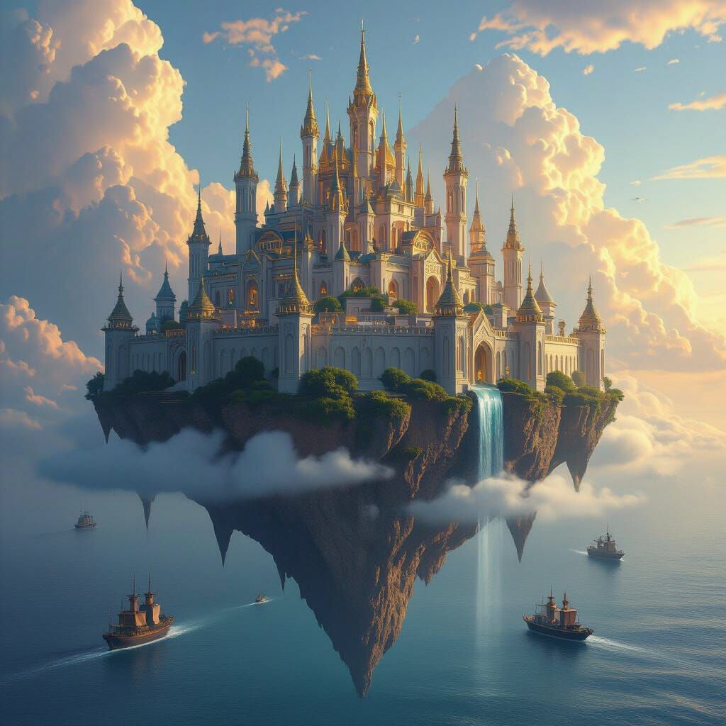 Floating Palace Citadel Above Ocean in Fantasy Art Style