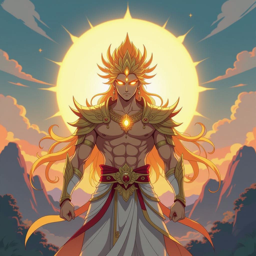 Handsome Sun God Sol in Vibrant Anime Key Visual Style