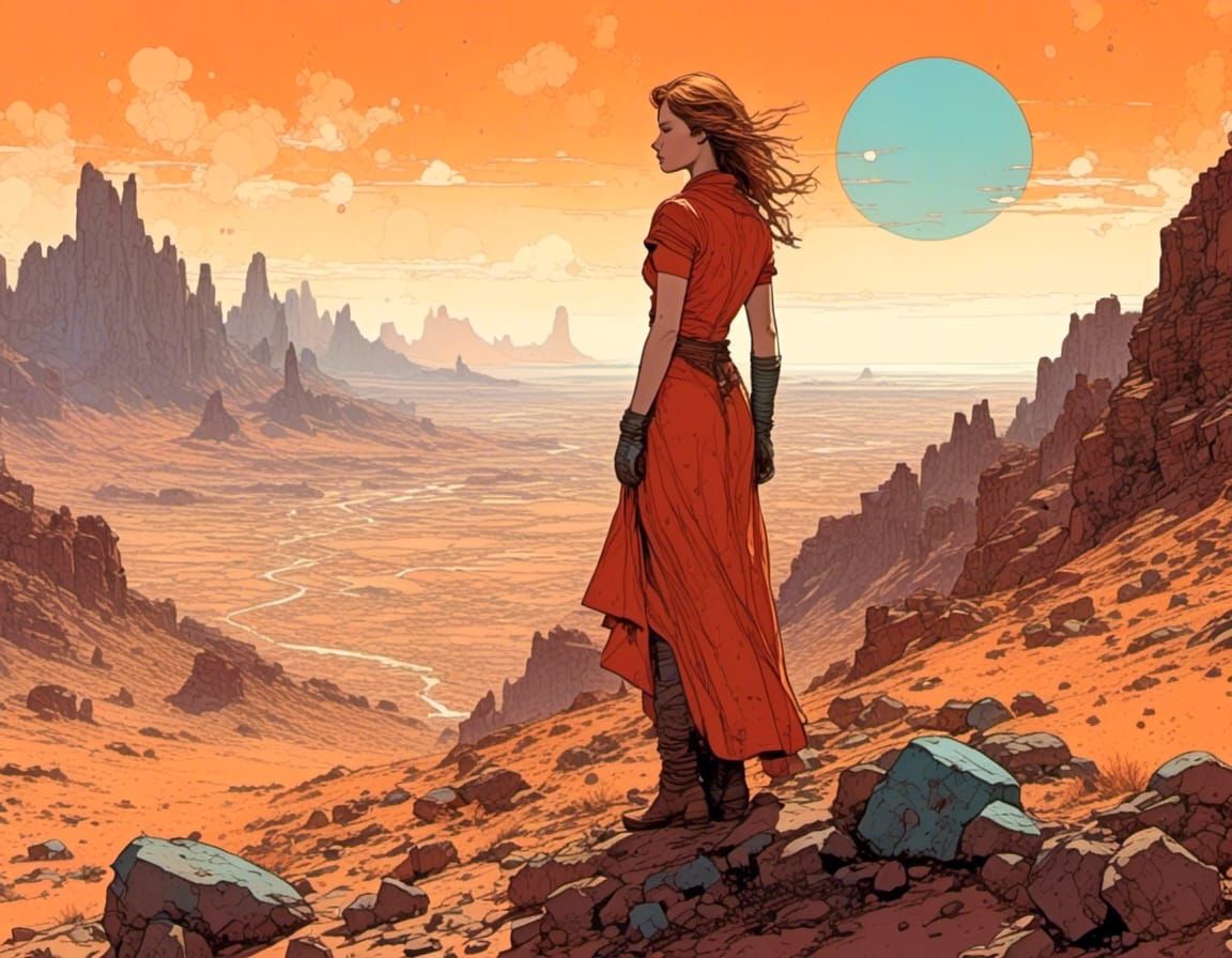 <lora:SciFae Serenity:1.0>16k, comic art, line art style, ligne claire portrait of a painting of a woman standing on top of a mountain, gorg...