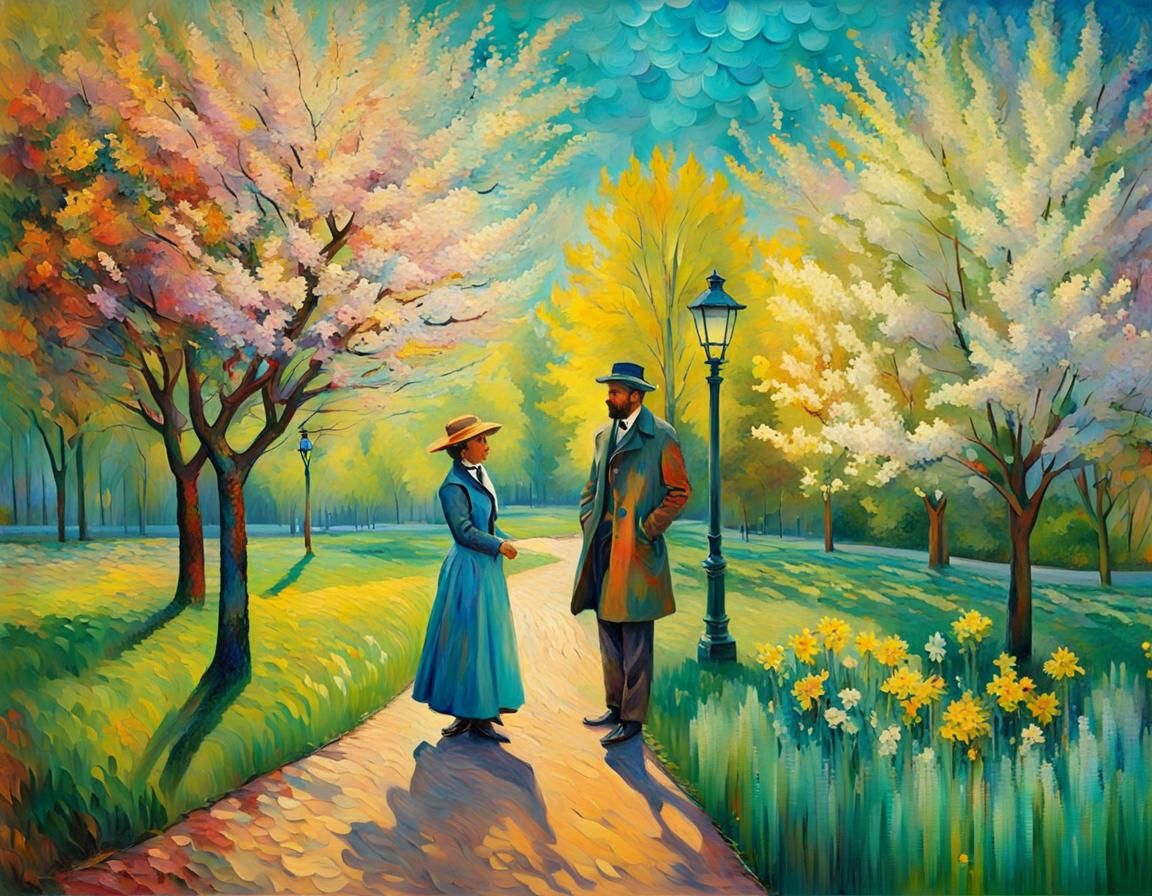 man and woman standing in the park in the spring time, looki...