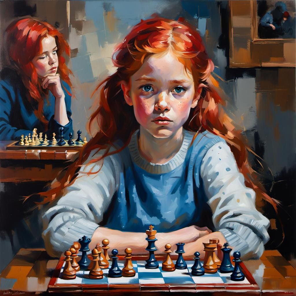 Oil painting of cute 7 year girl with red hair and freckles playing chess  by @Fokje