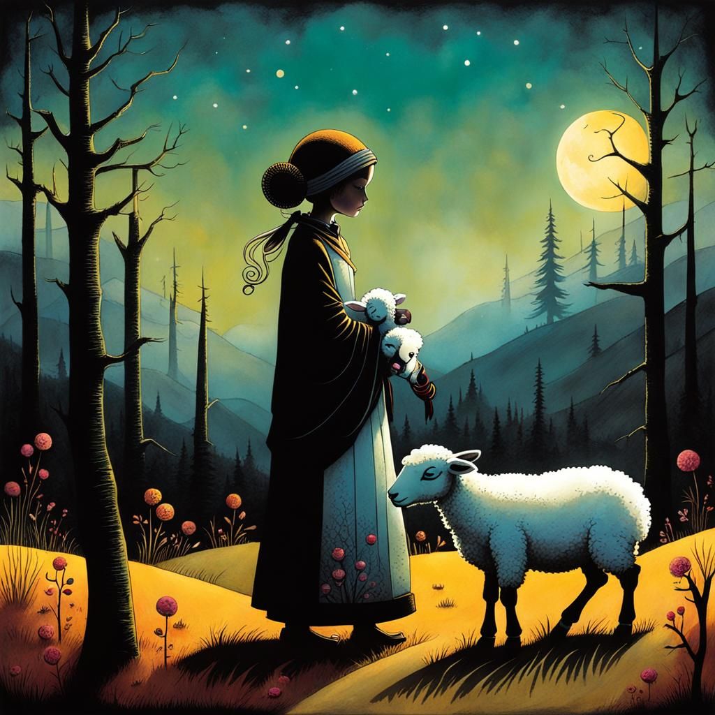 The little girl caresses her sweet lamb, beautiful morning l...