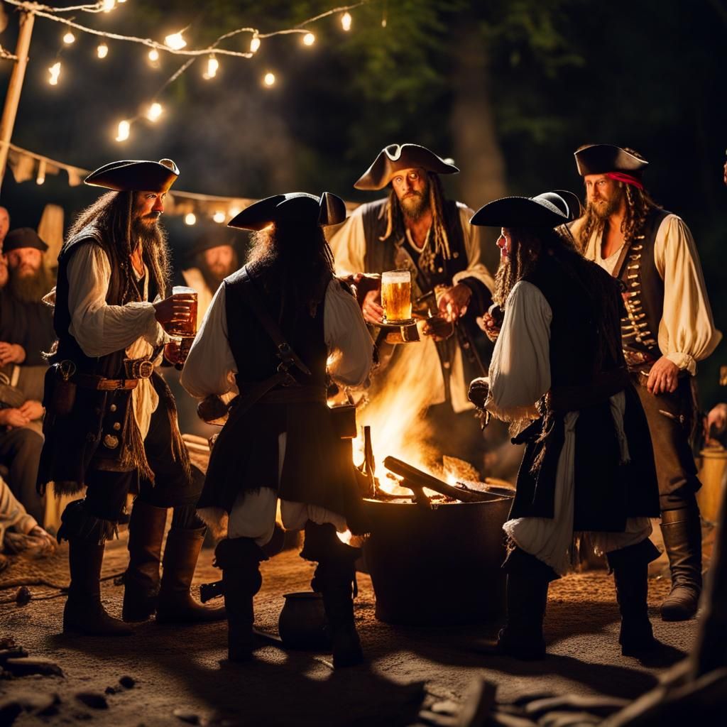 Pirates gather around a campfire in a secret location raising their tankards of ale and plotting their ...  by @CreditonJules