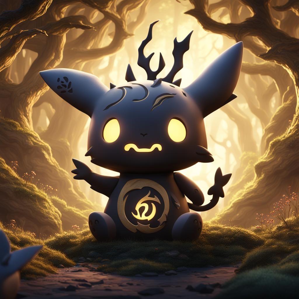 Mimikyu that hold a logo with a image of mew