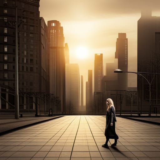 a woman walking alone in the city dystopic theme