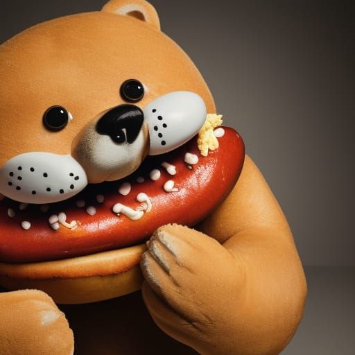 Big Fat looking Bear  eating a Hot Dog in a Ed Roth art styl...