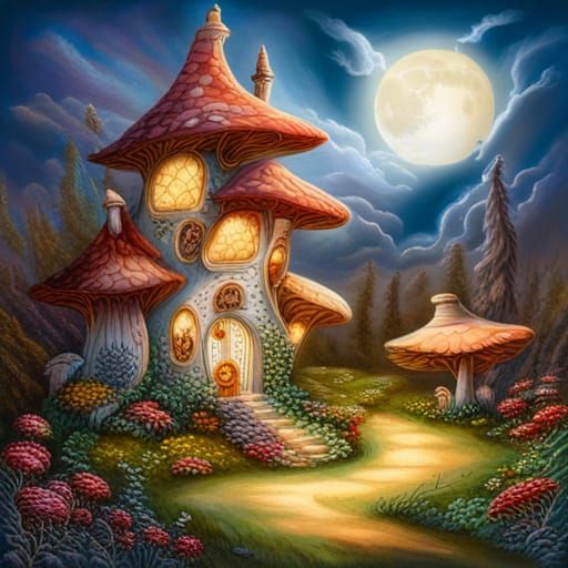 Mushroom fairy houses in full moon, hyperrealistic wispy clo...