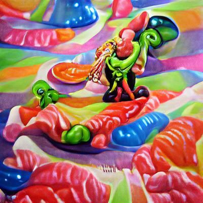 Pulp pinup alien eating man colourful