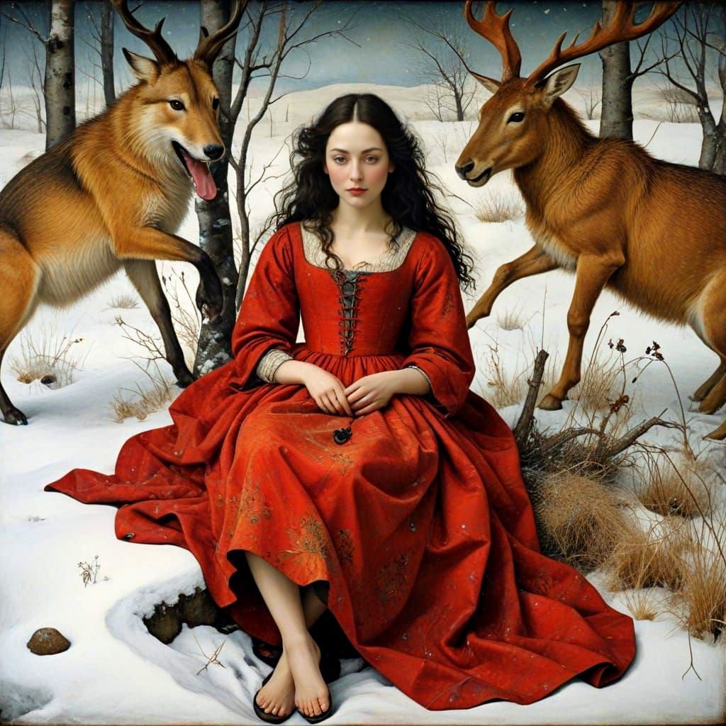 Medieval Fantasy Lady Amidst Whimsical Creatures in Distress...