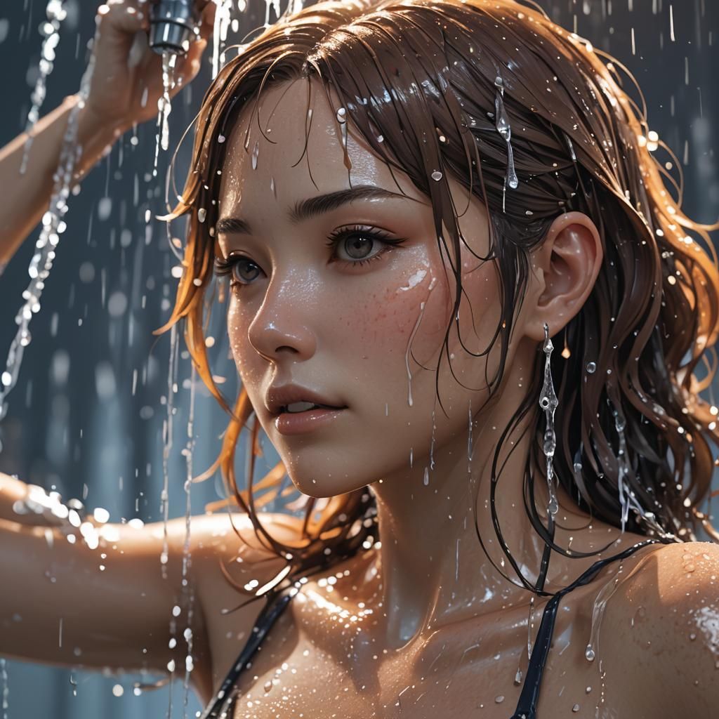 Anime Woman in Shower: Glistening Close-Up
