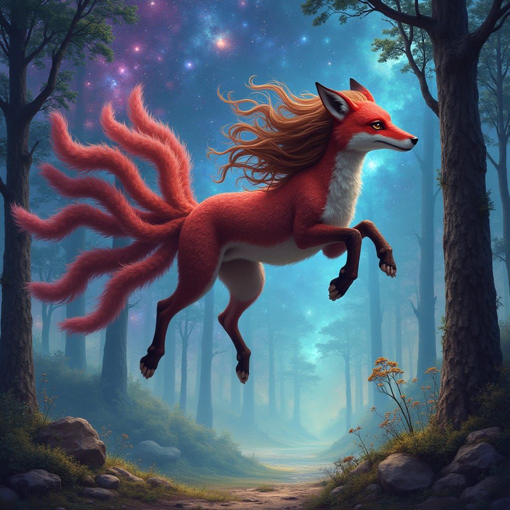 I would like a therian with a red fox mask and 12 different tails I would like her to have brown hair, and her jumping in a forest, doing he...
