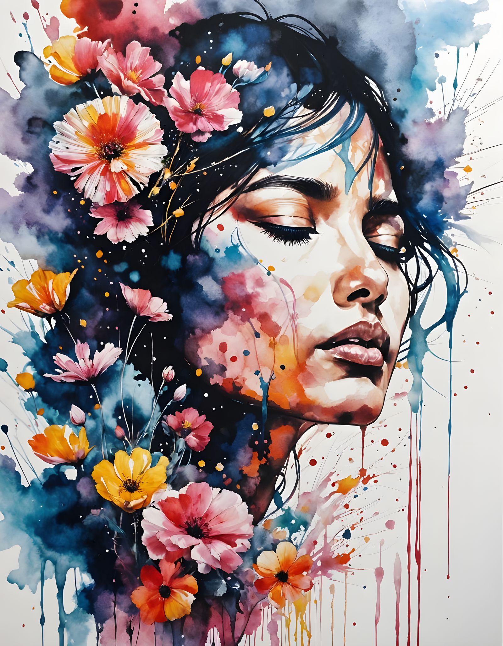 Serenity in Bloom: Ink Splatter Portrait of Contemplation  by @T0RP3D0 2012
