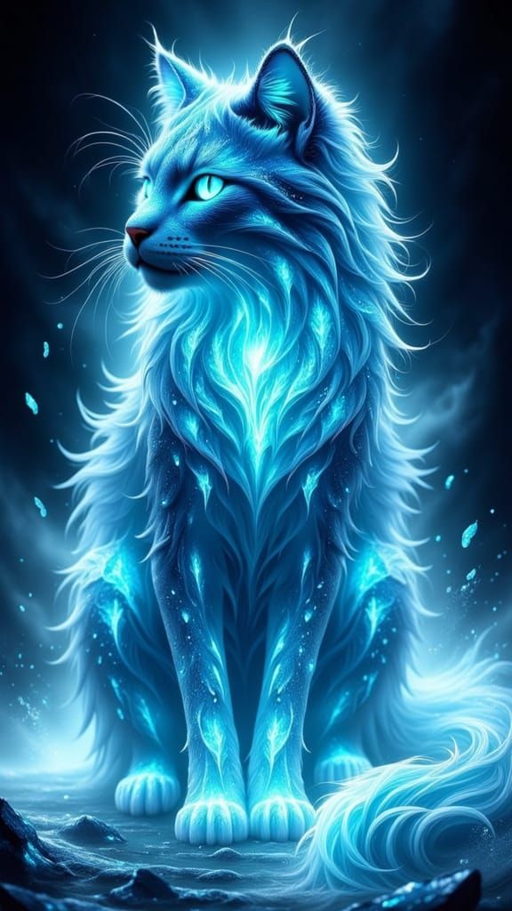 <lora:Mystical Cats:1.0> A mystical elemental cat spirit made entirely from [Elemental Material], with glowing [Elemental Feature] flowing t...