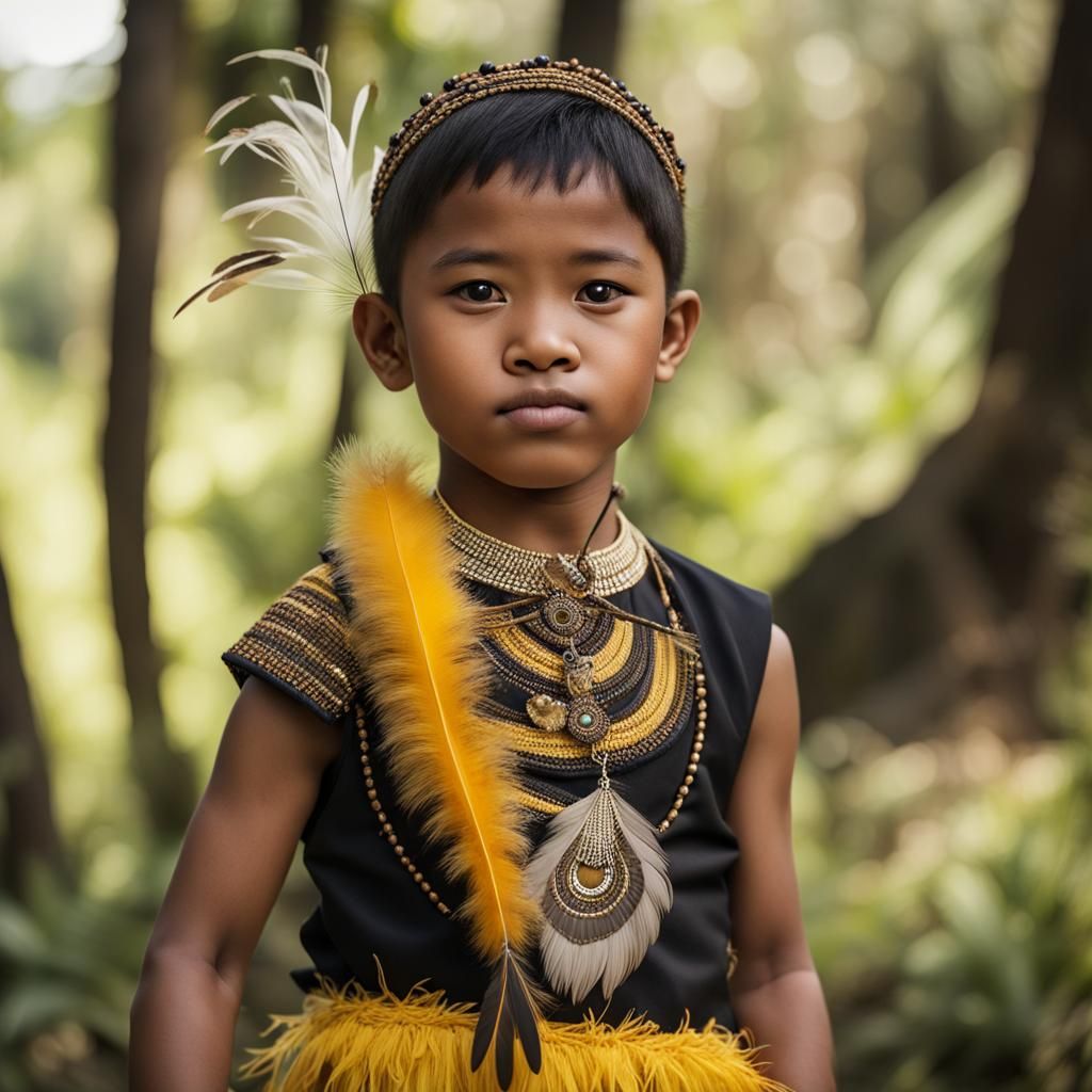 A child in a traditional Indonesian costume with dark yellow and black ...