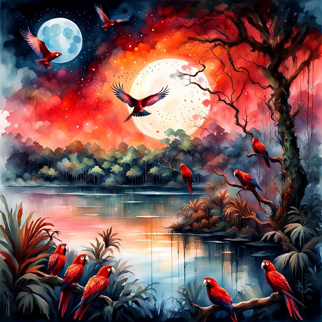 epic rainforest landscape trending on art station cinematic glowing sunset nighttime blood moon large ...  by @GRAZYNA-BARBARA