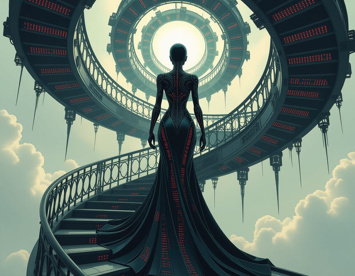 imagine a bio-mechanical female figure in a dark HR Giger-inspired style, standing on a spiraling staircase ...  by @artskull